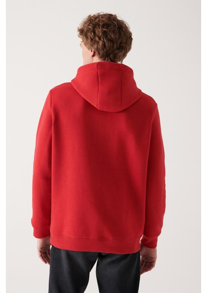 Erkek Kırmızı Kapüşonlu 3 Iplik Şardonlu Baskılı Sweatshirt A22y1110