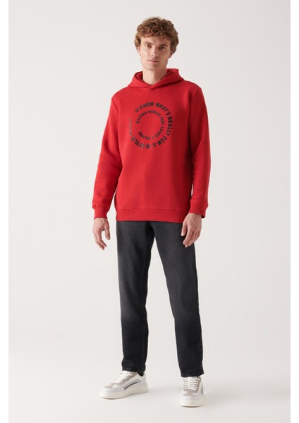 Erkek Kırmızı Kapüşonlu 3 Iplik Şardonlu Baskılı Sweatshirt A22y1110