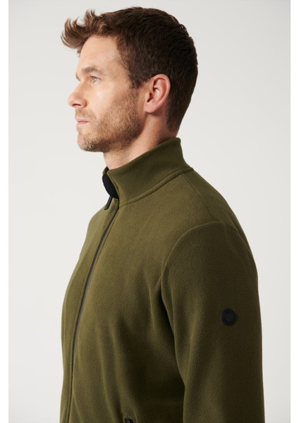 Erkek Haki Dik Yaka Soğuğa Dayanıklı Fermuarlı Polar Sweatshirt E001069