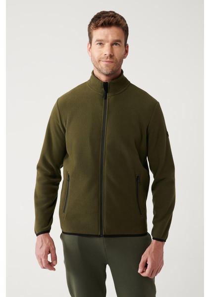 Erkek Haki Dik Yaka Soğuğa Dayanıklı Fermuarlı Polar Sweatshirt E001069