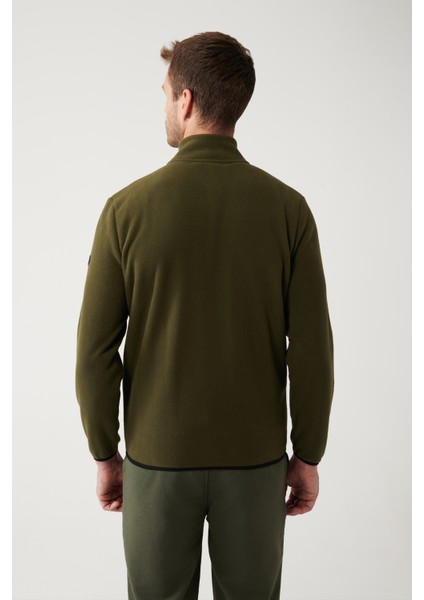Erkek Haki Dik Yaka Soğuğa Dayanıklı Fermuarlı Polar Sweatshirt E001069