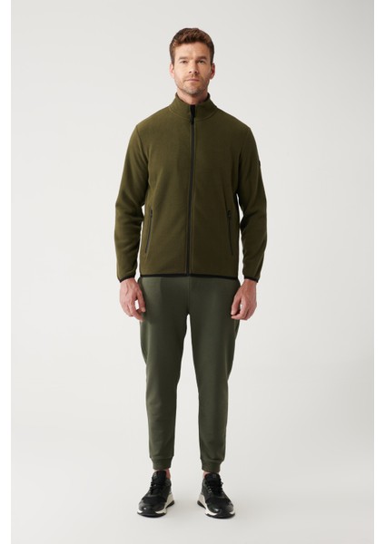 Erkek Haki Dik Yaka Soğuğa Dayanıklı Fermuarlı Polar Sweatshirt E001069