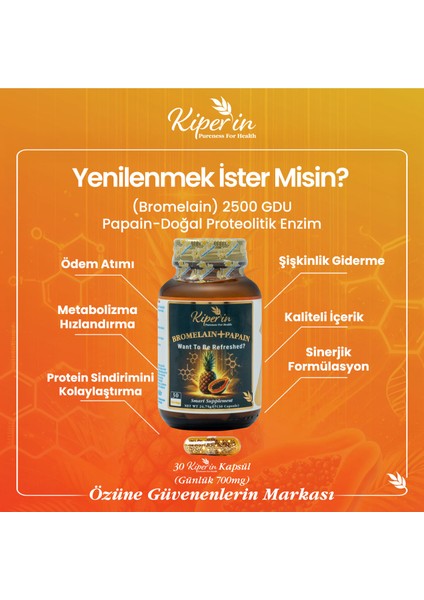 Bromelain(2500 Gdu) & Papain - Doğal Proteolitik Enzim (30Kapsül & 700mg) | Akıllı Gıda Takviyesi