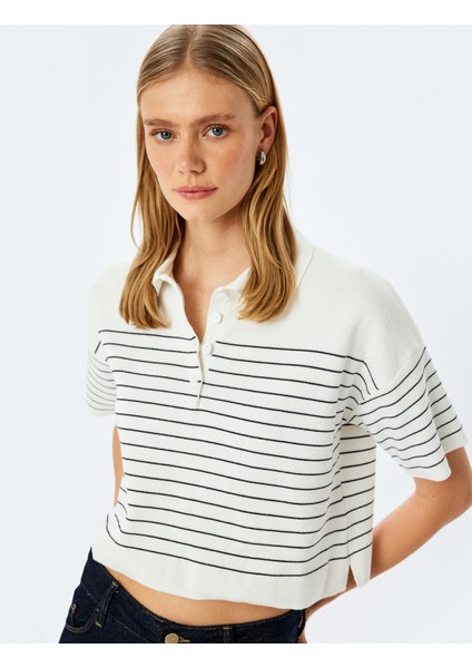 Düğmeli Çizgili Oversize Polo Yaka Ince Triko Kazak