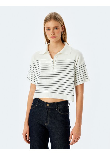 Düğmeli Çizgili Oversize Polo Yaka Ince Triko Kazak modelleri