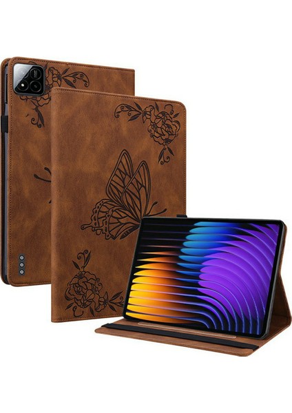 Xiaomi Pad 7 Pro / Pad 7 Kılıf Için Çiçek Baskı Pu Deri Tablet Kılıfı, Kart Yuvalı-Kahverengi (Yurt Dışından)