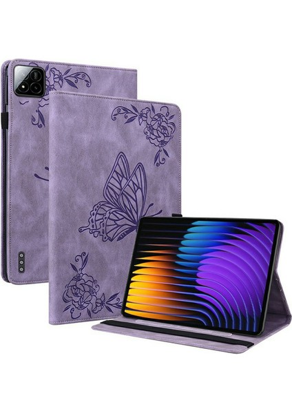 Xiaomi Pad 7 Pro / Pad 7 Kılıf Için Çiçek Baskı Pu Deri Tablet Kapağı, Kart Yuvaları Ile-Mor (Yurt Dışından)