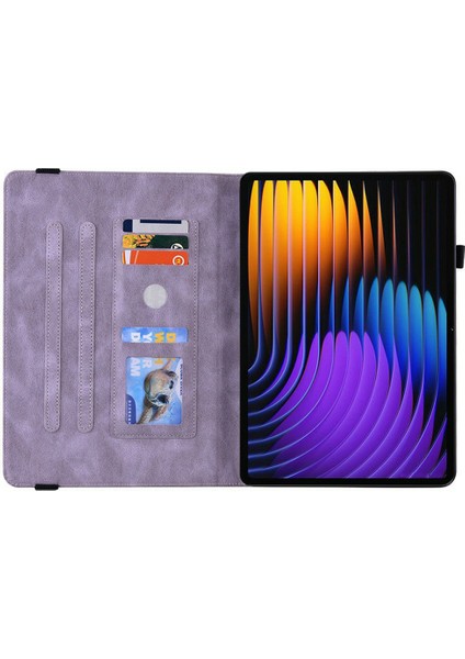 Xiaomi Pad 7 Pro / Pad 7 Kılıf Için Çiçek Baskı Pu Deri Tablet Kapağı, Kart Yuvaları Ile-Mor (Yurt Dışından)