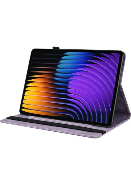 Xiaomi Pad 7 Pro / Pad 7 Kılıf Için Çiçek Baskı Pu Deri Tablet Kapağı, Kart Yuvaları Ile-Mor (Yurt Dışından)