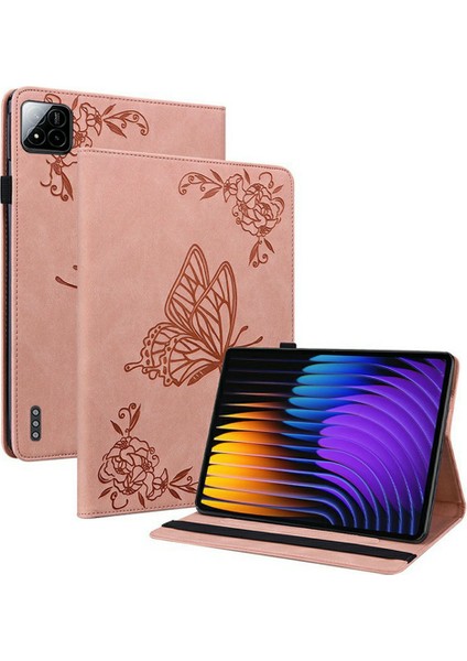 Xiaomi Pad 7 Pro / Pad 7 Kılıf Için Çiçek Baskı Pu Deri Tablet Kılıfı, Kart Yuvaları Ile-Pembe (Yurt Dışından)