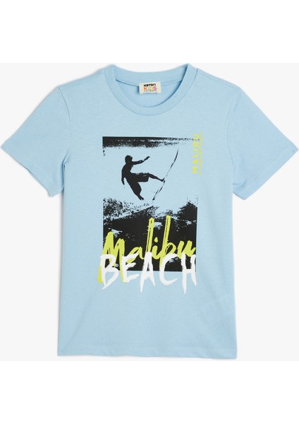 Basic Tişört Sörf Baskılı Kısa Kollu Bisiklet Yaka Pamuklu