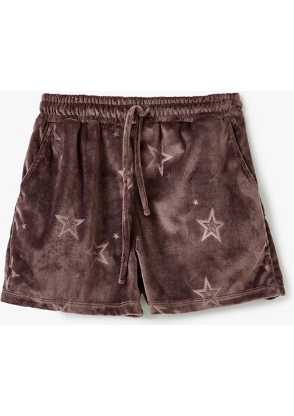 Cepli Beli Bağlamalı Yıldız Desenli Kadife Şort Pijama Altı