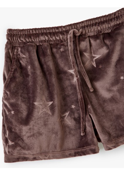 Cepli Beli Bağlamalı Yıldız Desenli Kadife Şort Pijama Altı modelleri