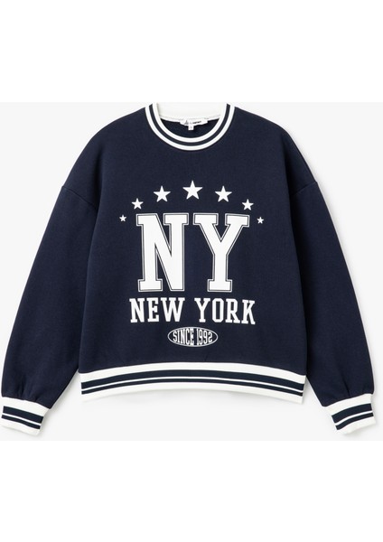 Kolej Baskılı Bisiklet Yaka Biyeli Oversize Sweatshirt