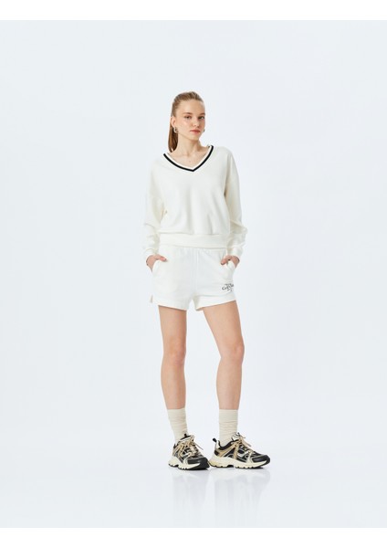 Çizgili Modal Karışımlı Oversize V Yaka Spor Sweatshirt