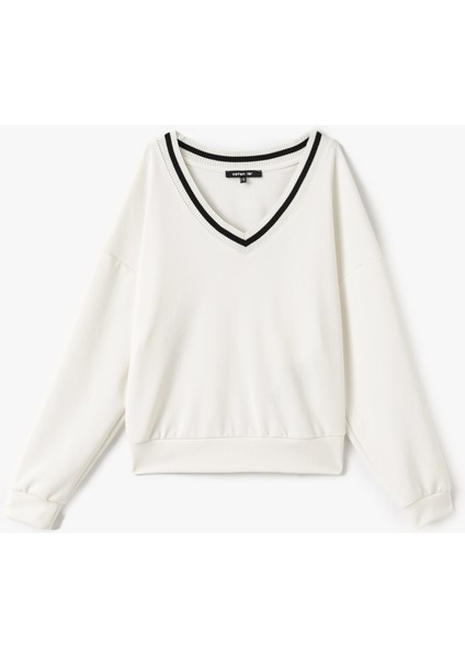 Çizgili Modal Karışımlı Oversize V Yaka Spor Sweatshirt modelleri
