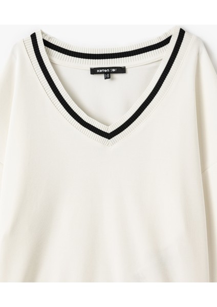 Çizgili Modal Karışımlı Oversize V Yaka Spor Sweatshirt indirimleri