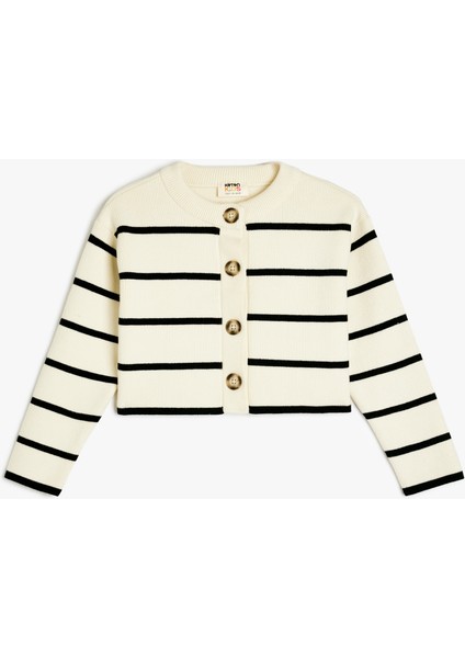 Yuvarlak Yaka Düğmeli Uzun Kollu Çizgili Triko Hırka