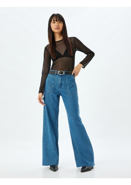 Geniş Paça Kot Pantolon Cep Detaylı Normal Bel Kesik Paça Pamuklu - Wide Leg Jeans