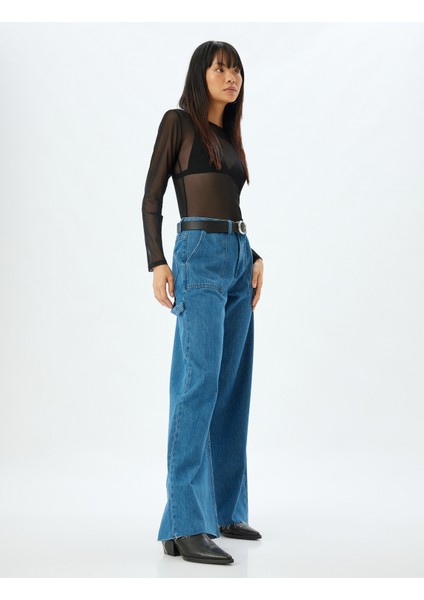 Geniş Paça Kot Pantolon Cep Detaylı Normal Bel Kesik Paça Pamuklu - Wide Leg Jeans fiyatları