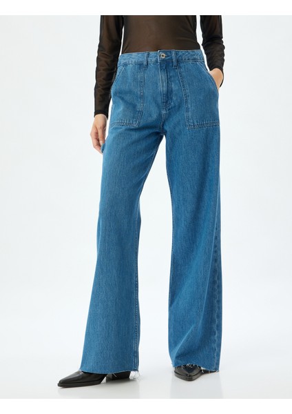 Geniş Paça Kot Pantolon Cep Detaylı Normal Bel Kesik Paça Pamuklu - Wide Leg Jeans modelleri
