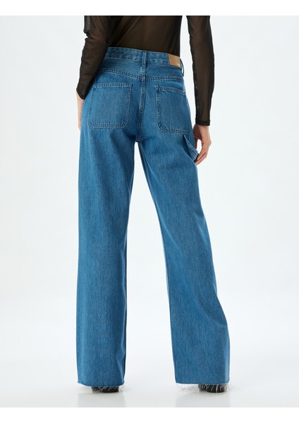 Geniş Paça Kot Pantolon Cep Detaylı Normal Bel Kesik Paça Pamuklu - Wide Leg Jeans fırsatları