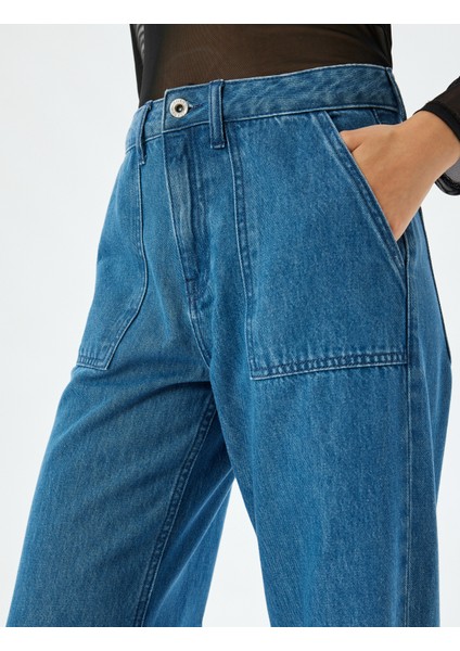 Geniş Paça Kot Pantolon Cep Detaylı Normal Bel Kesik Paça Pamuklu - Wide Leg Jeans indirimleri