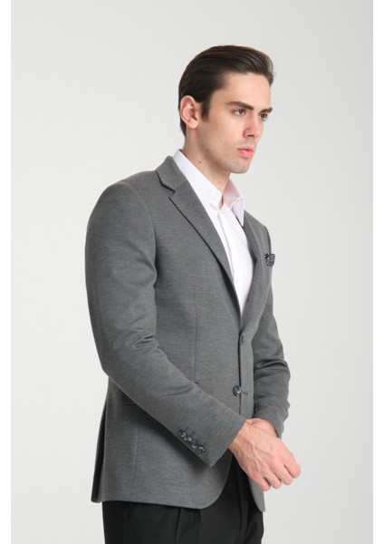 Jasino Erkek Antrasit Pamuklu Likralı Slim Fit Örme Esneyen Mono Yaka Blazer Ceket