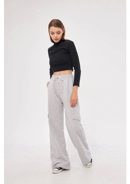 Kargo Cepli Palazzo Oversize Kesim Iki Iplik Bol Paça Eşofman Altı Pantalon - Gri fiyatları