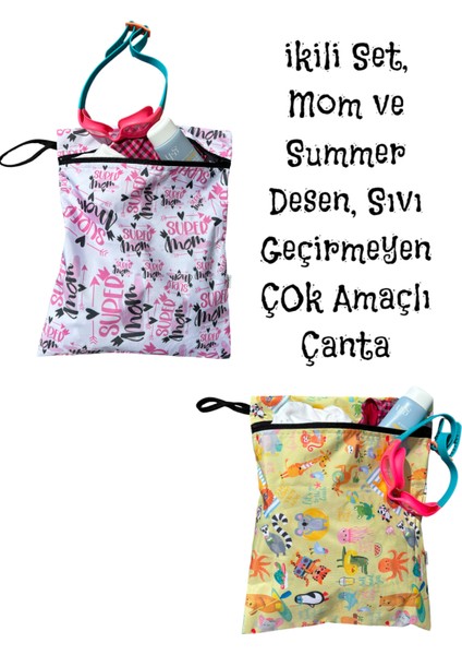 2 Adet, 37 x 30 Cm, Mom ve Summer Desen, Sıvı Geçirmeyen Çok Amaçlı Çanta, Ekonomik Set, Yıkanabilir