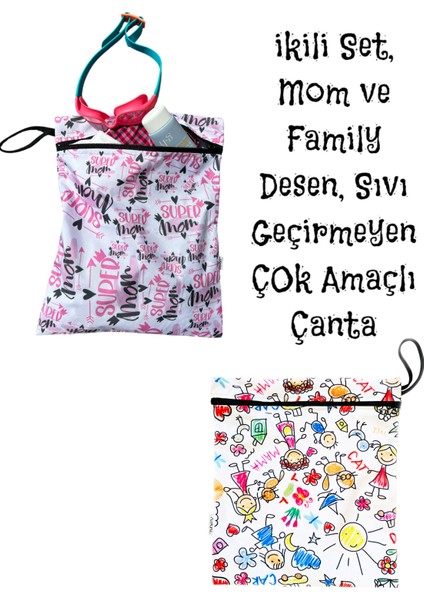 2 Adet, 37 x 30 Cm, Mom ve Family Desen, Sıvı Geçirmeyen Çok Amaçlı Çanta, Ekonomik Set, Yıkanabilir