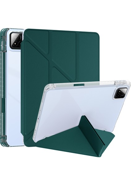 Xiaomi Pad 7 Pro / Pad 7 Kılıf Pu Deri Origami Şeffaf Tablet Kapağı-Koyu Yeşil (Yurt Dışından)