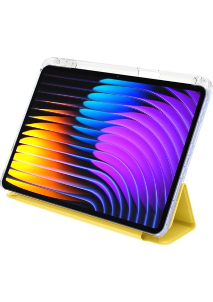 Xiaomi Pad 7 Pro / Pad 7 Kılıf Pu Deri Origami Şeffaf Tablet Kapağı-Sarı (Yurt Dışından)