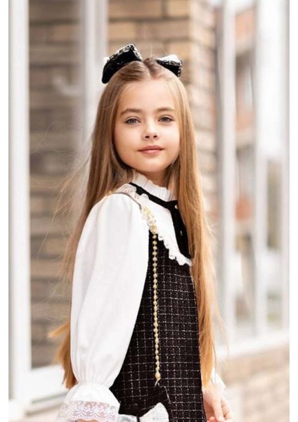 Kız Çocuk Kol Uçları ve Göğsü Dantel Işlemeli Triko Siyah Elbise modelleri