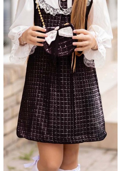 Kız Çocuk Kol Uçları ve Göğsü Dantel Işlemeli Triko Siyah Elbise fırsatları