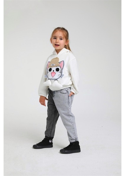 01-04 Yaş Kız Bebek Beyaz Renk Kedi Temalı Kapşonlu Sweat