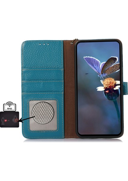 Xiaomi Redmi Için Not 14 Pro 5g/not 14 Pro+ 5g Kılıf Rfıd Engelleme Hakiki Inek Deri Telefon Kapağı Litchi Doku-Mavi (Yurt Dışından)