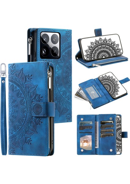 Xiaomi 15 Pro Cüzdan Kılıf Pu Deri Telefon Kılıfı Mandala Çiçek Desenli-Mavi (Yurt Dışından)
