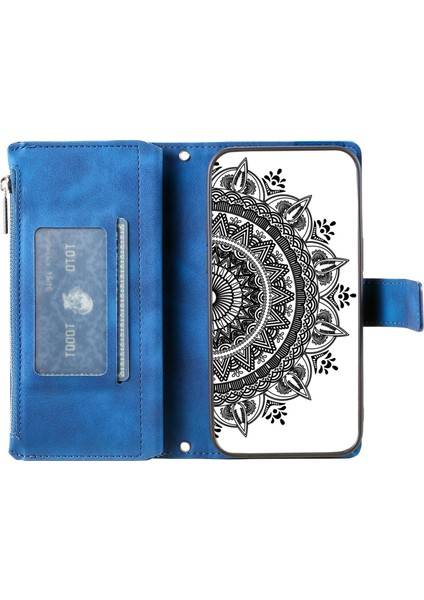Xiaomi 15 Pro Cüzdan Kılıf Pu Deri Telefon Kılıfı Mandala Çiçek Desenli-Mavi (Yurt Dışından)