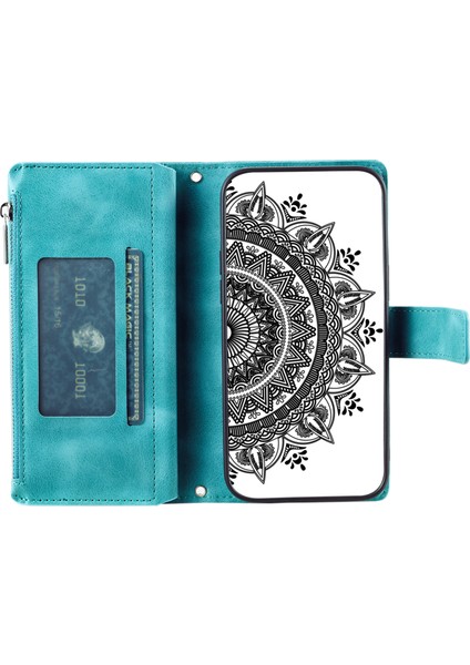 Xiaomi 15 Pro Cüzdan Kılıf Pu Deri Telefon Kapağı Mandala Çiçek Desenli-Nane Yeşili (Yurt Dışından)