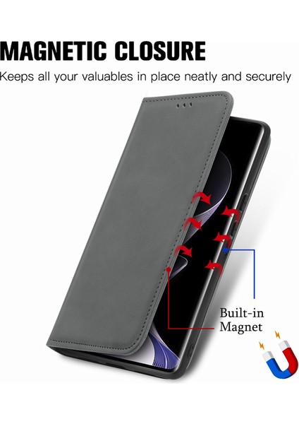 Xiaomi Redmi Için Not 14 Pro 5g Kılıf Cilt Dokunmatik Duygu Deri Kart Tutucu Telefon Kapağı Manyetik Emme-Gri (Yurt Dışından)