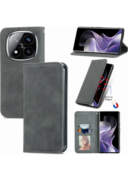 Xiaomi Redmi Için Not 14 Pro 5g Kılıf Cilt Dokunmatik Duygu Deri Kart Tutucu Telefon Kapağı Manyetik Emme-Gri (Yurt Dışından)