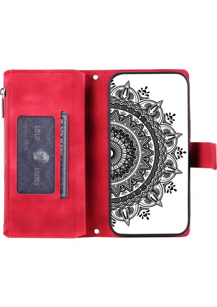 Xiaomi 15 Pro Cüzdan Kılıf Pu Deri Telefon Kılıfı Mandala Çiçek Desenli-Kırmızı (Yurt Dışından) modelleri