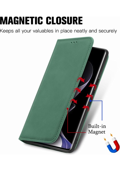 Xiaomi Redmi Için Not 14 Pro 5g Kılıf Cilt Dokunmatik Duygu Deri Kart Tutucu Telefon Kapağı Manyetik Emme-Yeşil (Yurt Dışından)