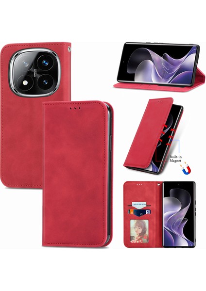 Xiaomi Redmi Için Not 14 Pro 5g Kılıf Cilt Dokunmatik Duygu Deri Kart Tutucu Telefon Kapağı Manyetik Emme-Kırmızı (Yurt Dışından) indirimleri