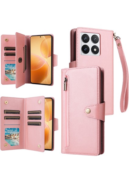 Xiaomi 14T Pro Kılıf Fermuar Cüzdan Deri Telefon Kapağı Perçin Dekor-Gül Altın Için (Yurt Dışından)