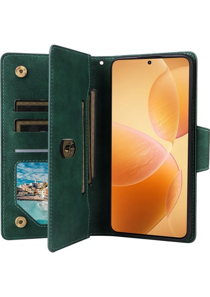 Xiaomi 14T Pro Kılıf Fermuar Cüzdan Deri Telefon Kapağı Perçin Dekor-Yeşil (Yurt Dışından) modelleri