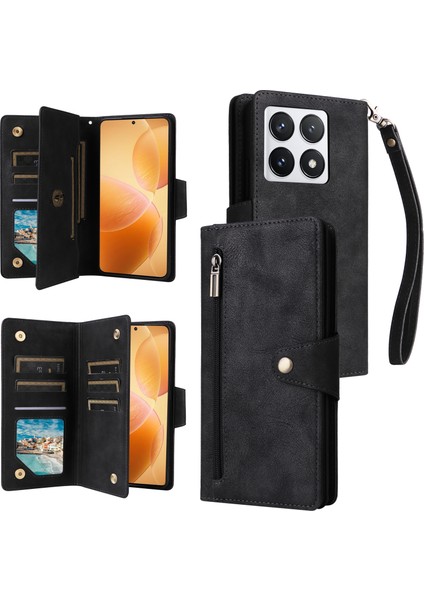 Xiaomi 14T Pro Kılıf Fermuar Cüzdan Deri Telefon Kapağı Perçin Dekor-Siyah Için (Yurt Dışından)