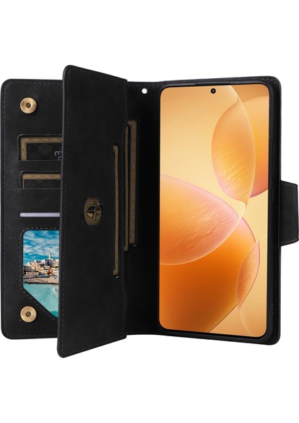 Xiaomi 14T Pro Kılıf Fermuar Cüzdan Deri Telefon Kapağı Perçin Dekor-Siyah Için (Yurt Dışından) modelleri