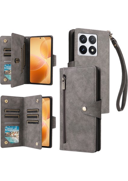Xiaomi 14T Pro Kılıf Fermuar Cüzdan Deri Telefon Kapağı Perçin Dekor-Gri (Yurt Dışından)
